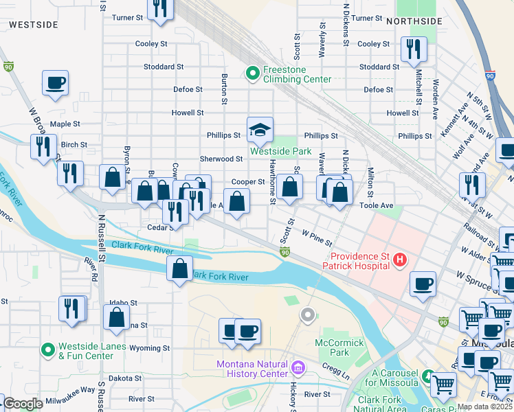 map of restaurants, bars, coffee shops, grocery stores, and more near 1208 Toole Avenue in Missoula