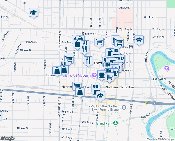 map of restaurants, bars, coffee shops, grocery stores, and more near 120 8th Street North in Fargo