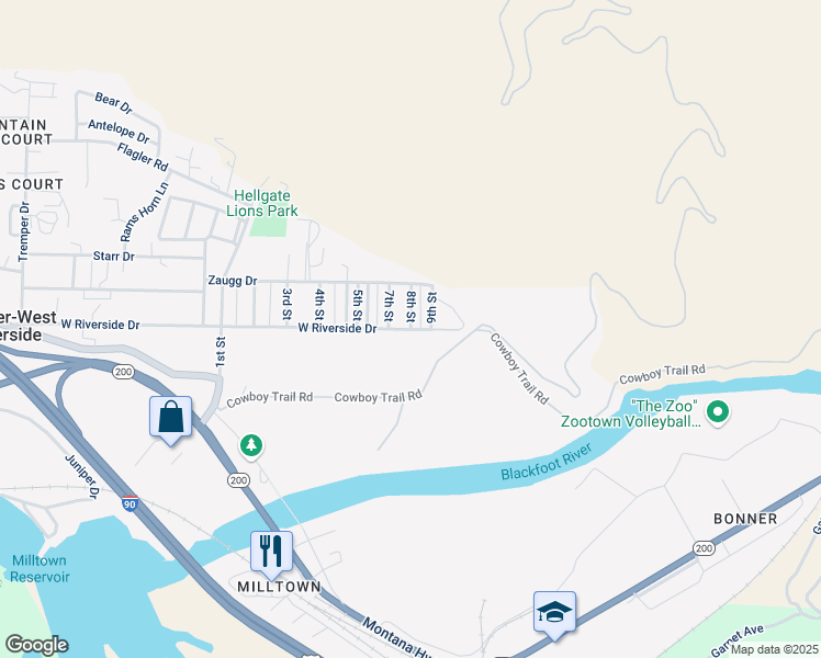 map of restaurants, bars, coffee shops, grocery stores, and more near 8798 West Riverside Drive in Missoula
