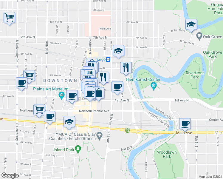 map of restaurants, bars, coffee shops, grocery stores, and more near 200 4th Street North in Fargo