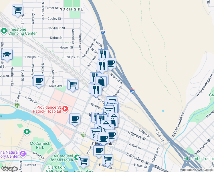 map of restaurants, bars, coffee shops, grocery stores, and more near 317 North 2nd Street West in Missoula