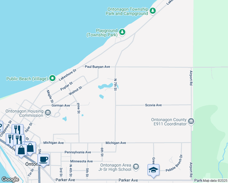 map of restaurants, bars, coffee shops, grocery stores, and more near 601-609 North 7th Street in Ontonagon