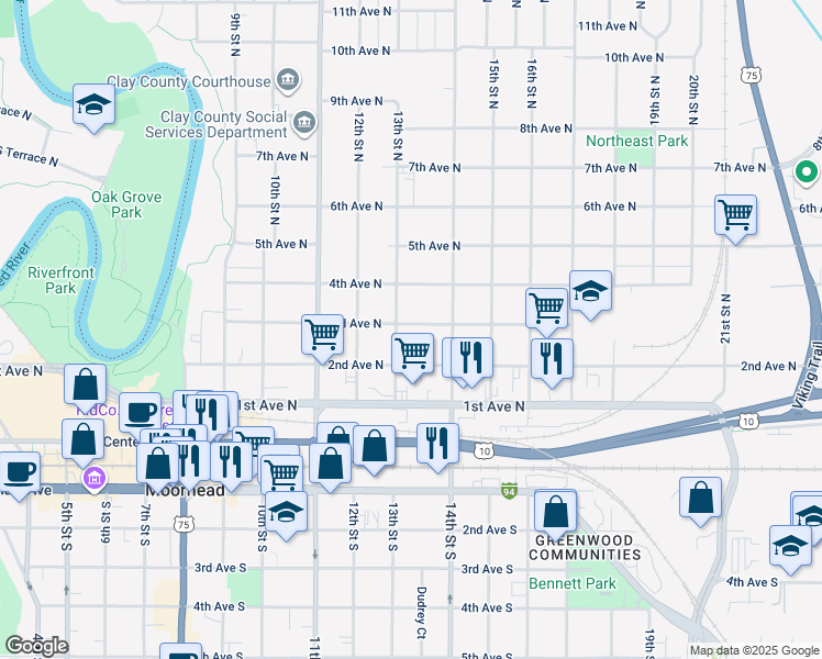 map of restaurants, bars, coffee shops, grocery stores, and more near 224 13th Street North in Moorhead