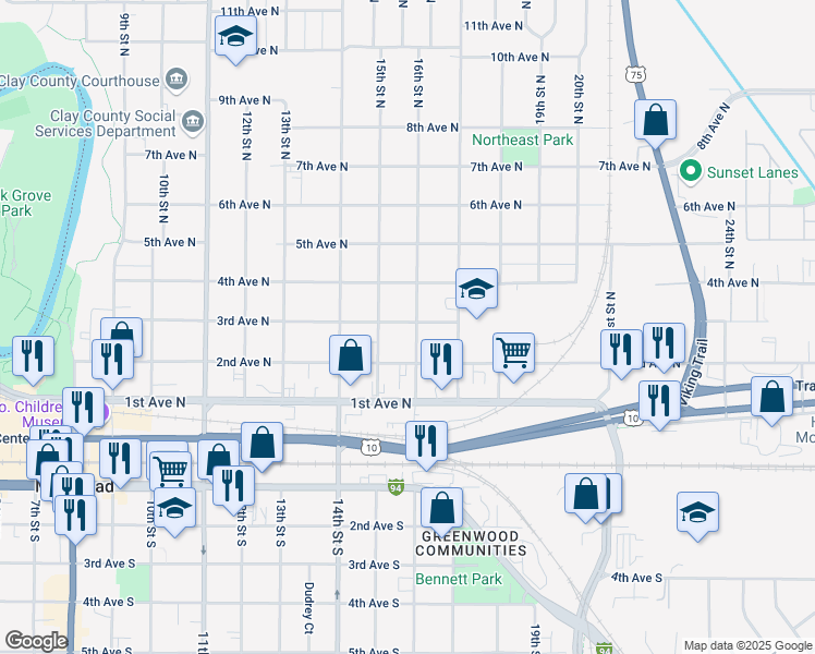 map of restaurants, bars, coffee shops, grocery stores, and more near 223 16th Street North in Moorhead