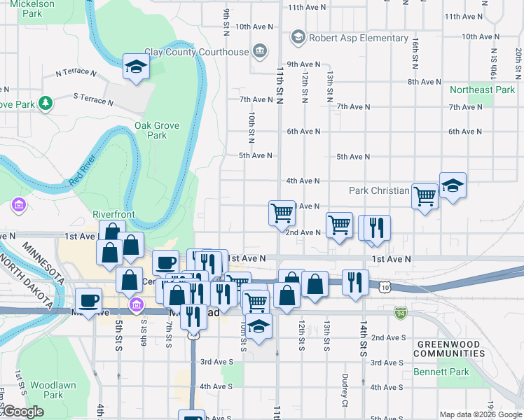 map of restaurants, bars, coffee shops, grocery stores, and more near 1019 3rd Avenue North in Moorhead