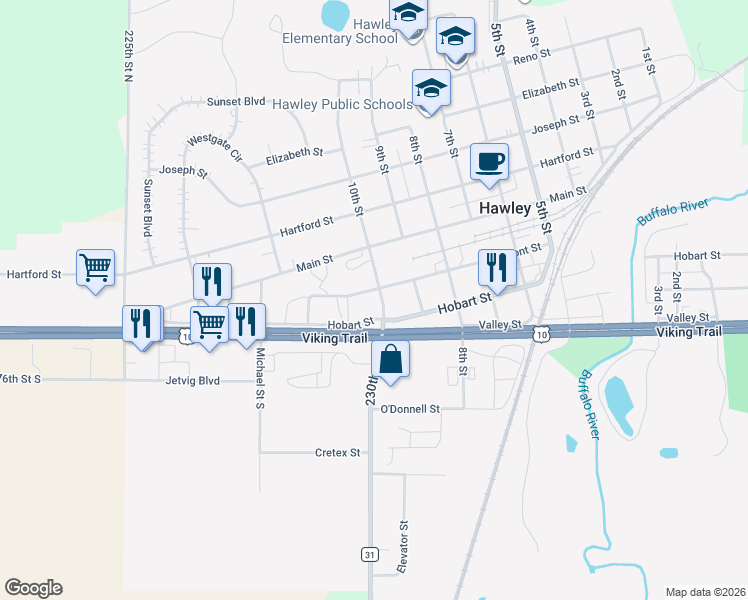 map of restaurants, bars, coffee shops, grocery stores, and more near 221 10th Street in Hawley