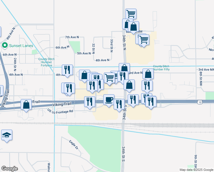 map of restaurants, bars, coffee shops, grocery stores, and more near 115 Broadway St NW in Moorhead