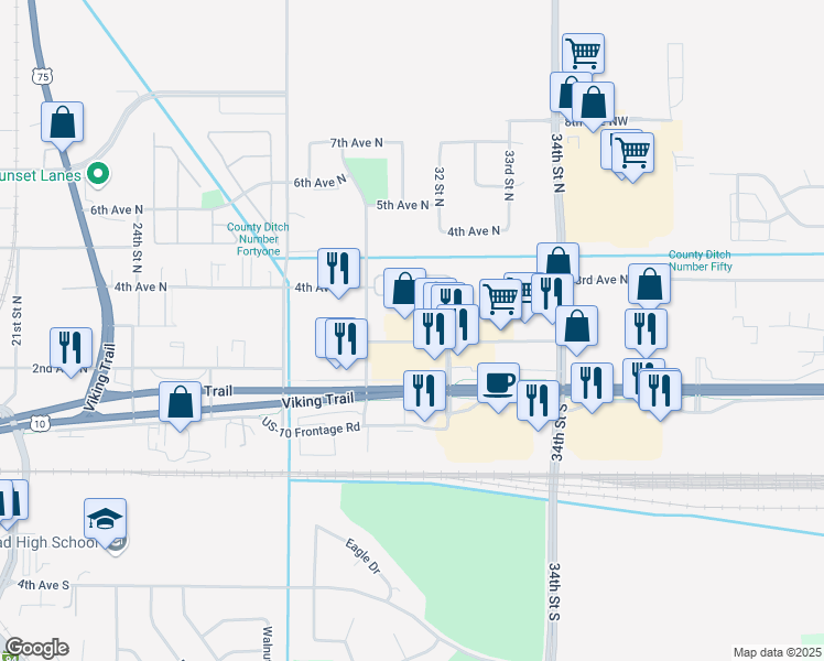 map of restaurants, bars, coffee shops, grocery stores, and more near 3000 U.S. 10 in Moorhead