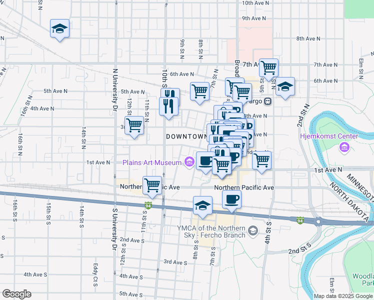 map of restaurants, bars, coffee shops, grocery stores, and more near 722 2nd Avenue North in Fargo