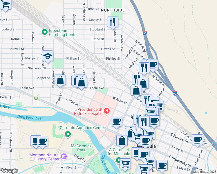 map of restaurants, bars, coffee shops, grocery stores, and more near 626 Toole Avenue in Missoula