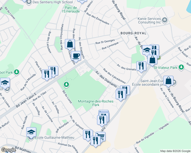 map of restaurants, bars, coffee shops, grocery stores, and more near 1275 Rue des Joyaux in Québec