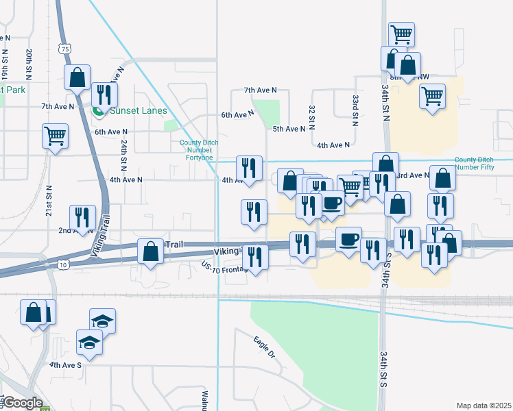 map of restaurants, bars, coffee shops, grocery stores, and more near 218 67th Avenue North in Moorhead