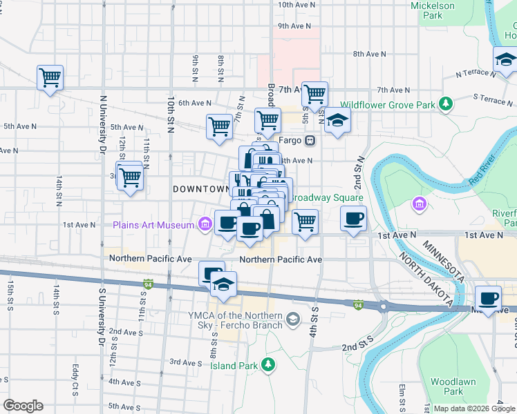 map of restaurants, bars, coffee shops, grocery stores, and more near 625 2nd Avenue North in Fargo