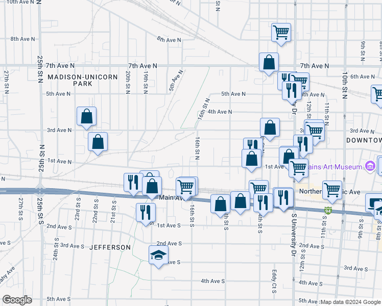 map of restaurants, bars, coffee shops, grocery stores, and more near 112 16th Street North in Fargo
