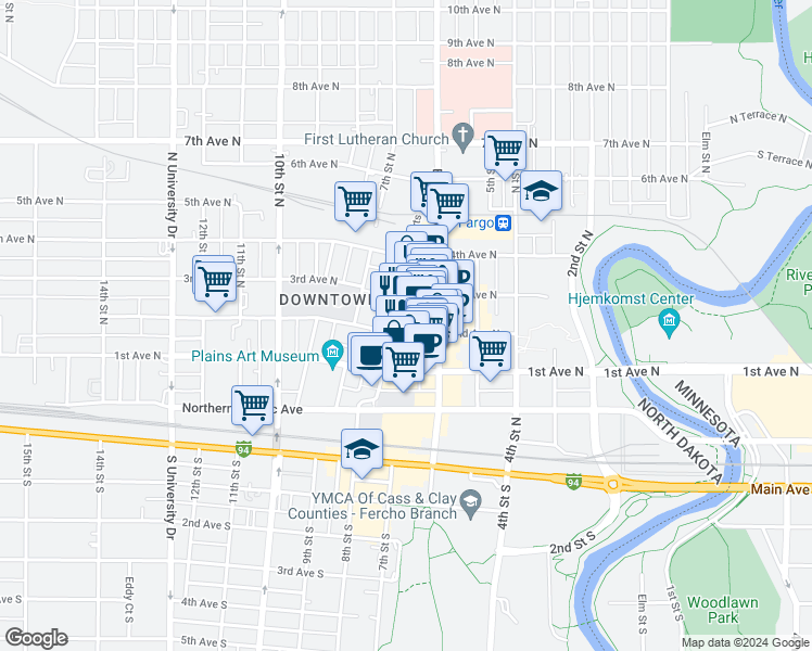 map of restaurants, bars, coffee shops, grocery stores, and more near 625 2nd Avenue North in Fargo