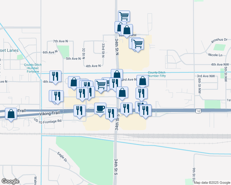 map of restaurants, bars, coffee shops, grocery stores, and more near 101 34th Street North in Moorhead