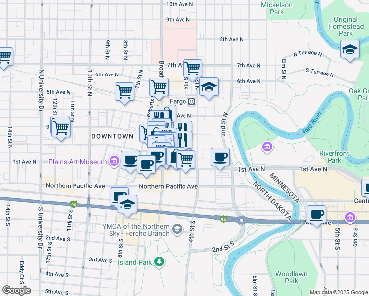 map of restaurants, bars, coffee shops, grocery stores, and more near in Fargo