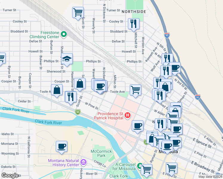 map of restaurants, bars, coffee shops, grocery stores, and more near 812 Toole Avenue in Missoula