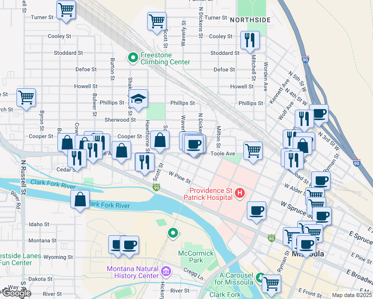 map of restaurants, bars, coffee shops, grocery stores, and more near 934 Toole Avenue in Missoula