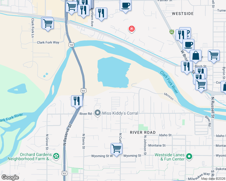 map of restaurants, bars, coffee shops, grocery stores, and more near 2001-2099 Saulter Drive in Missoula