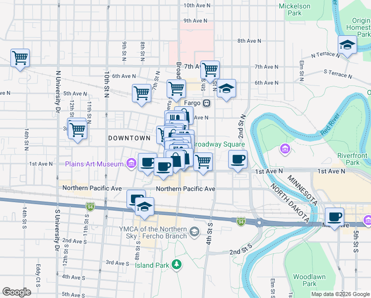 map of restaurants, bars, coffee shops, grocery stores, and more near 201 Broadway North in Fargo