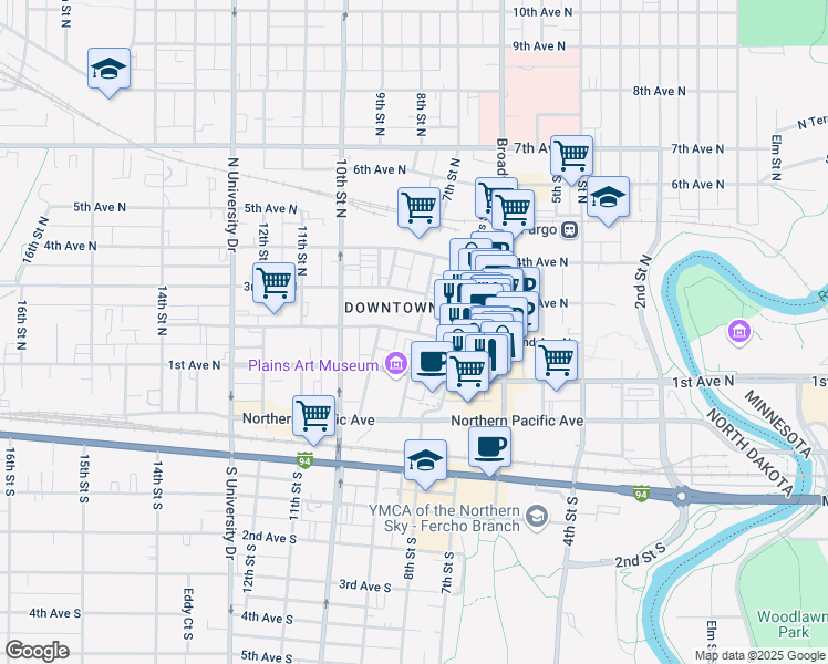 map of restaurants, bars, coffee shops, grocery stores, and more near 711 2nd Avenue North in Fargo