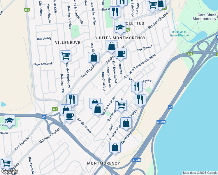 map of restaurants, bars, coffee shops, grocery stores, and more near 72 Rue Duplessis in Québec