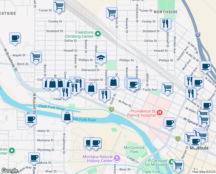 map of restaurants, bars, coffee shops, grocery stores, and more near 1118 Hawthorne Street in Missoula