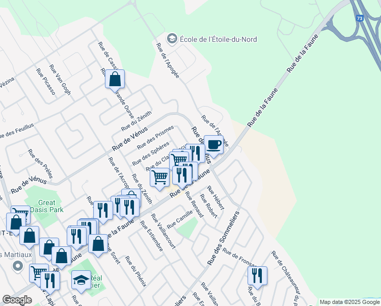 map of restaurants, bars, coffee shops, grocery stores, and more near 6781 Rue des Prismes in Québec