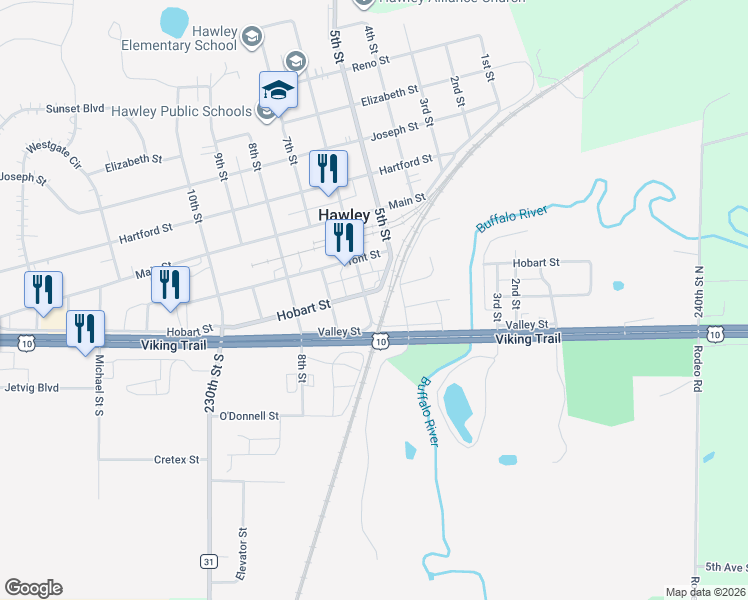 map of restaurants, bars, coffee shops, grocery stores, and more near 114 6th Street in Hawley