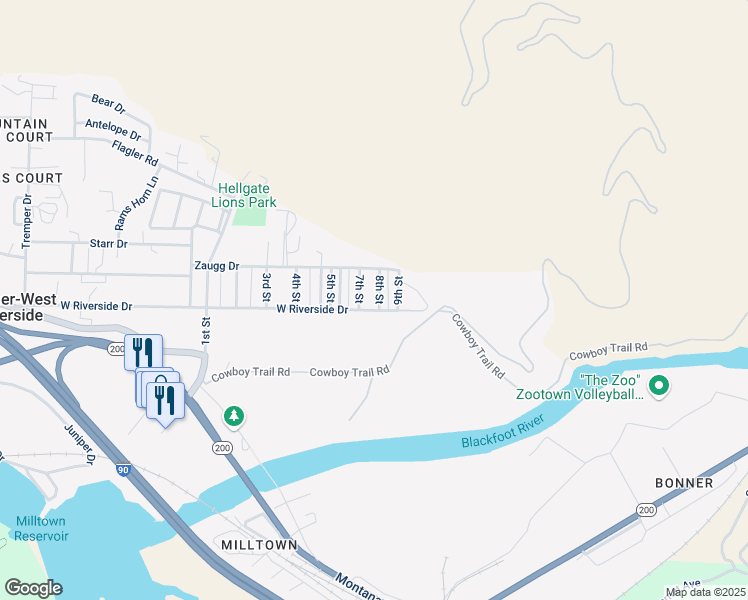 map of restaurants, bars, coffee shops, grocery stores, and more near 8700-8798 W Riverside Dr in Missoula