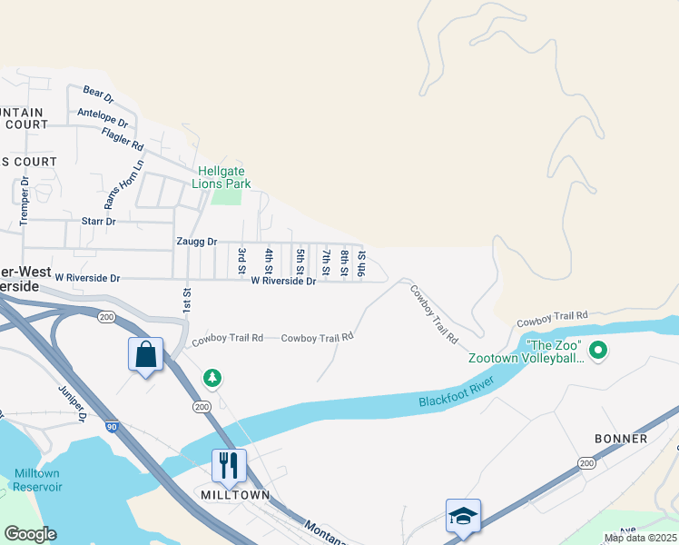 map of restaurants, bars, coffee shops, grocery stores, and more near 8700-8798 W Riverside Dr in Missoula