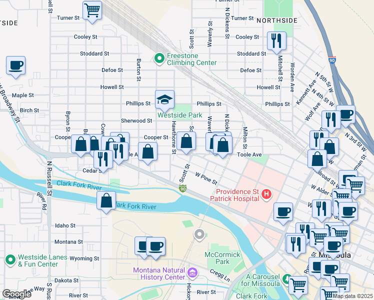 map of restaurants, bars, coffee shops, grocery stores, and more near 1021-1099 Toole Avenue in Missoula