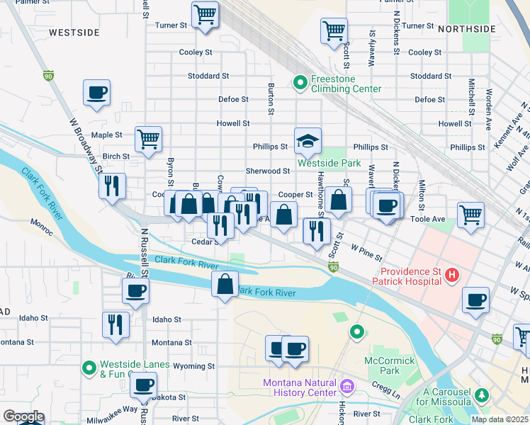 map of restaurants, bars, coffee shops, grocery stores, and more near 1330 Toole Avenue in Missoula