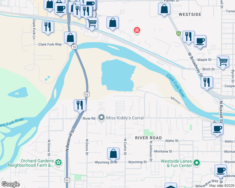 map of restaurants, bars, coffee shops, grocery stores, and more near 2001-2099 Saulter Drive in Missoula