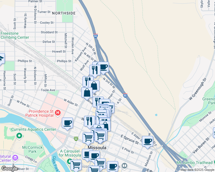 map of restaurants, bars, coffee shops, grocery stores, and more near 902 North Orange Street in Missoula