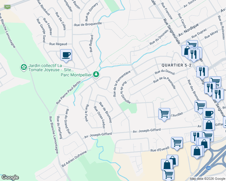 map of restaurants, bars, coffee shops, grocery stores, and more near 351 Rue de la Parmentière in Québec