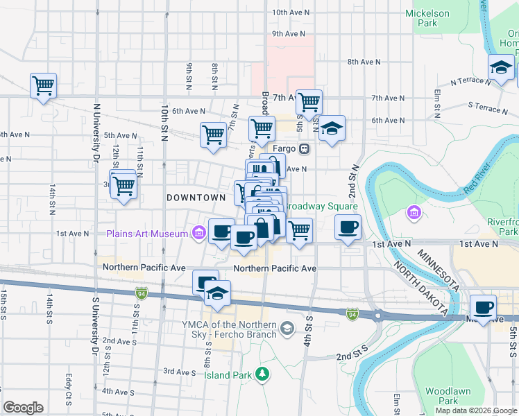 map of restaurants, bars, coffee shops, grocery stores, and more near 117 Broadway South in Fargo