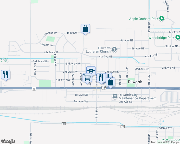 map of restaurants, bars, coffee shops, grocery stores, and more near 188 1st Street Northwest in Dilworth