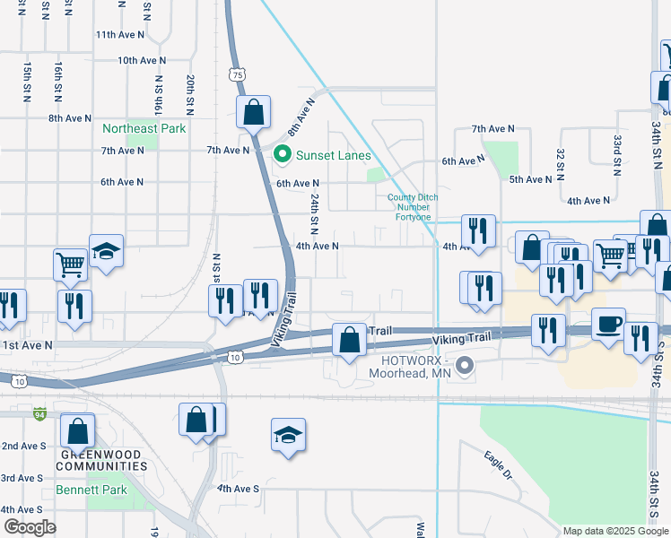 map of restaurants, bars, coffee shops, grocery stores, and more near 2414 3rd Avenue North in Moorhead