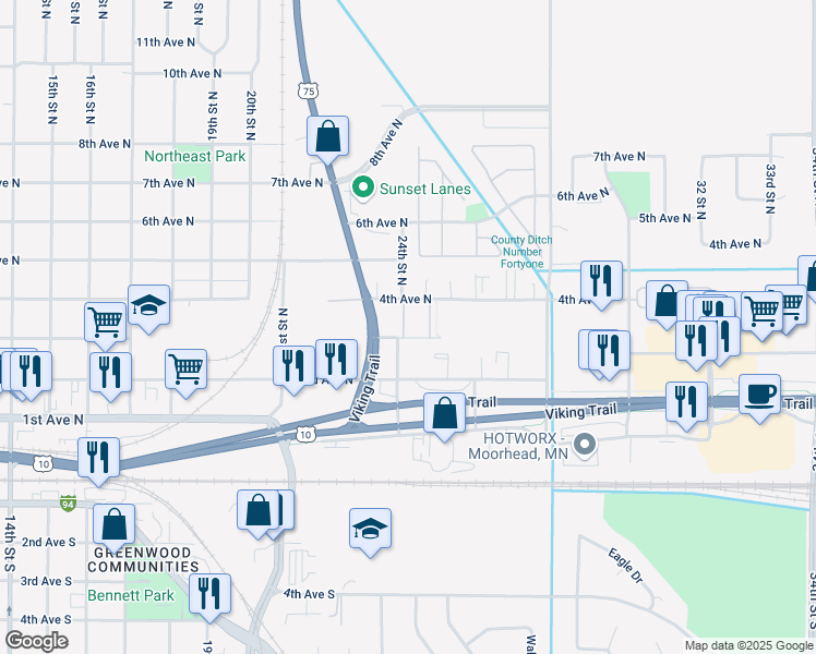 map of restaurants, bars, coffee shops, grocery stores, and more near 220 U.S. 75 in Moorhead