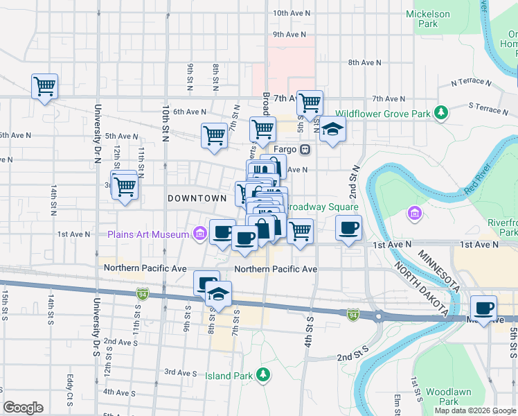 map of restaurants, bars, coffee shops, grocery stores, and more near 117 Broadway South in Fargo