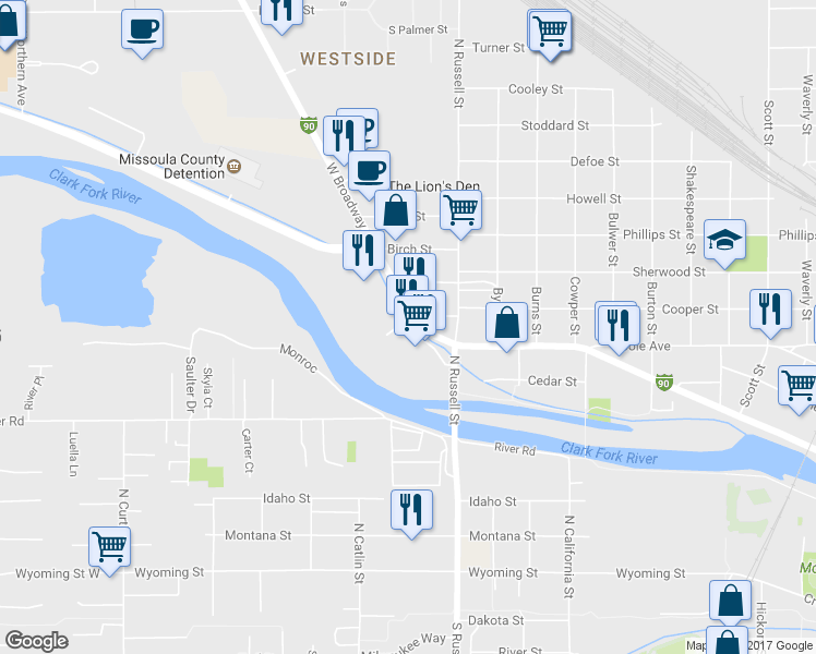 map of restaurants, bars, coffee shops, grocery stores, and more near 2075 Cooper Street in Missoula