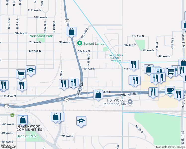 map of restaurants, bars, coffee shops, grocery stores, and more near 2414 3rd Avenue North in Moorhead