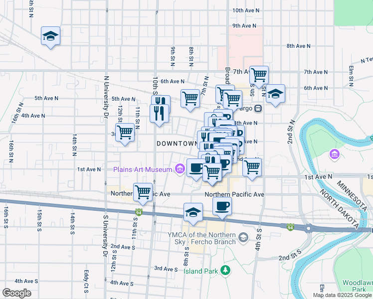 map of restaurants, bars, coffee shops, grocery stores, and more near 711 2nd Avenue North in Fargo