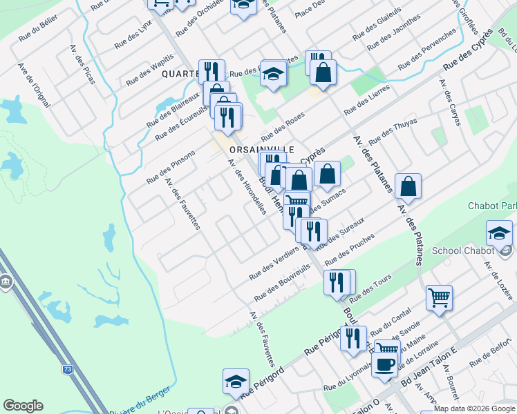 map of restaurants, bars, coffee shops, grocery stores, and more near 3113 Avenue des Hirondelles in Québec
