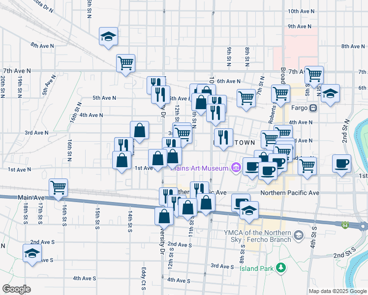 map of restaurants, bars, coffee shops, grocery stores, and more near 1101 2nd Avenue North in Moorhead