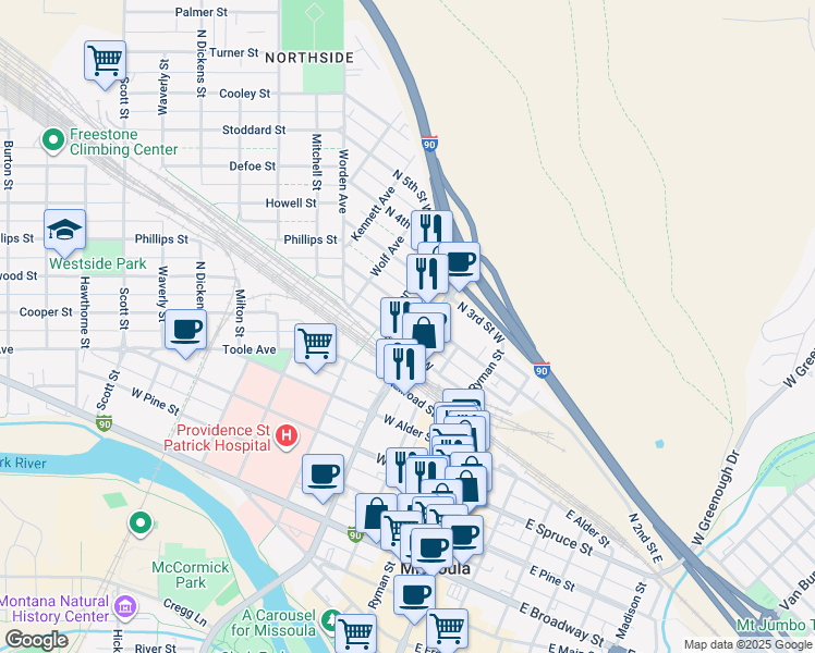map of restaurants, bars, coffee shops, grocery stores, and more near 801 North Orange Street in Missoula