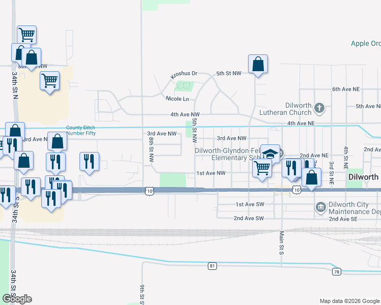 map of restaurants, bars, coffee shops, grocery stores, and more near 102 5th Street Northwest in Dilworth