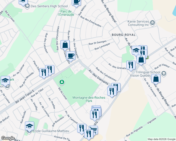 map of restaurants, bars, coffee shops, grocery stores, and more near 880 Avenue des Diamants in Québec
